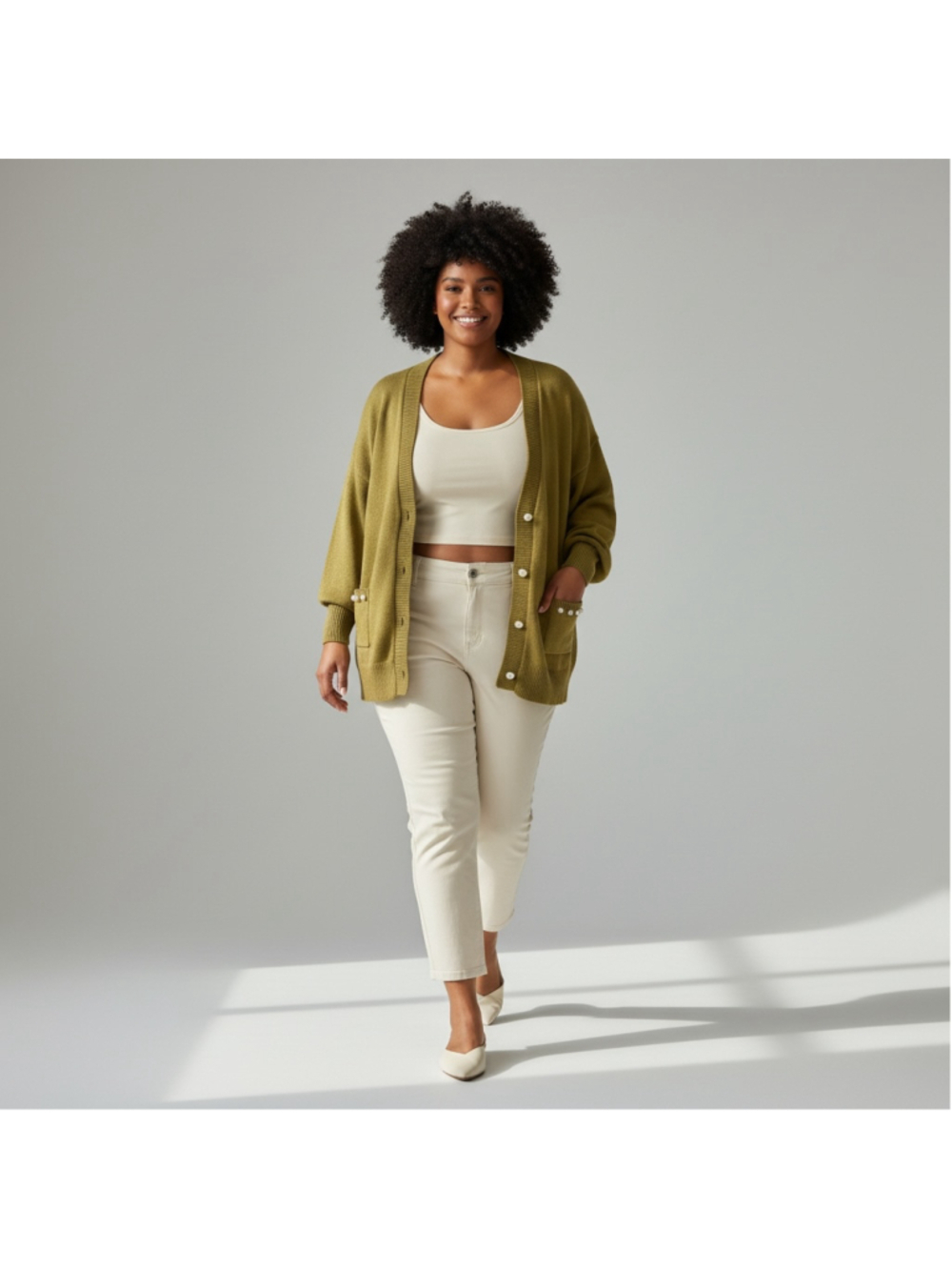 Womens XXL My Danielle Olive Green Cardigan Sweater Pearl embellishments pockets